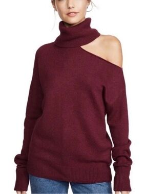 PAIGE One-Shoulder Cutout Turtleneck Sweater - Burgundy